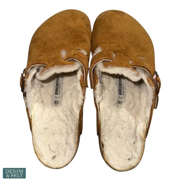 Birkenstock Boston Shearling Camel Suede Fuzzy Cozy Slip On Clogs Womens 7 - Picture 12 of 16
